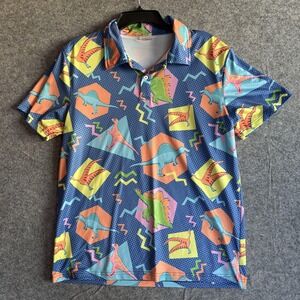 Blazing Eagles Shirt Mens Medium Dinosaur Print Polo‎ 80s Retro Geometric Fun
